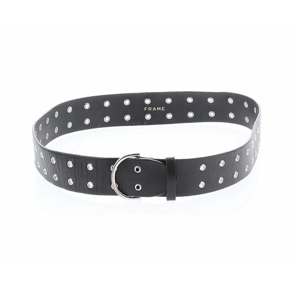 FRAME Vintage Black Leather Grommet Belt Silver D Ring Wide Eyelet Medium Y2K